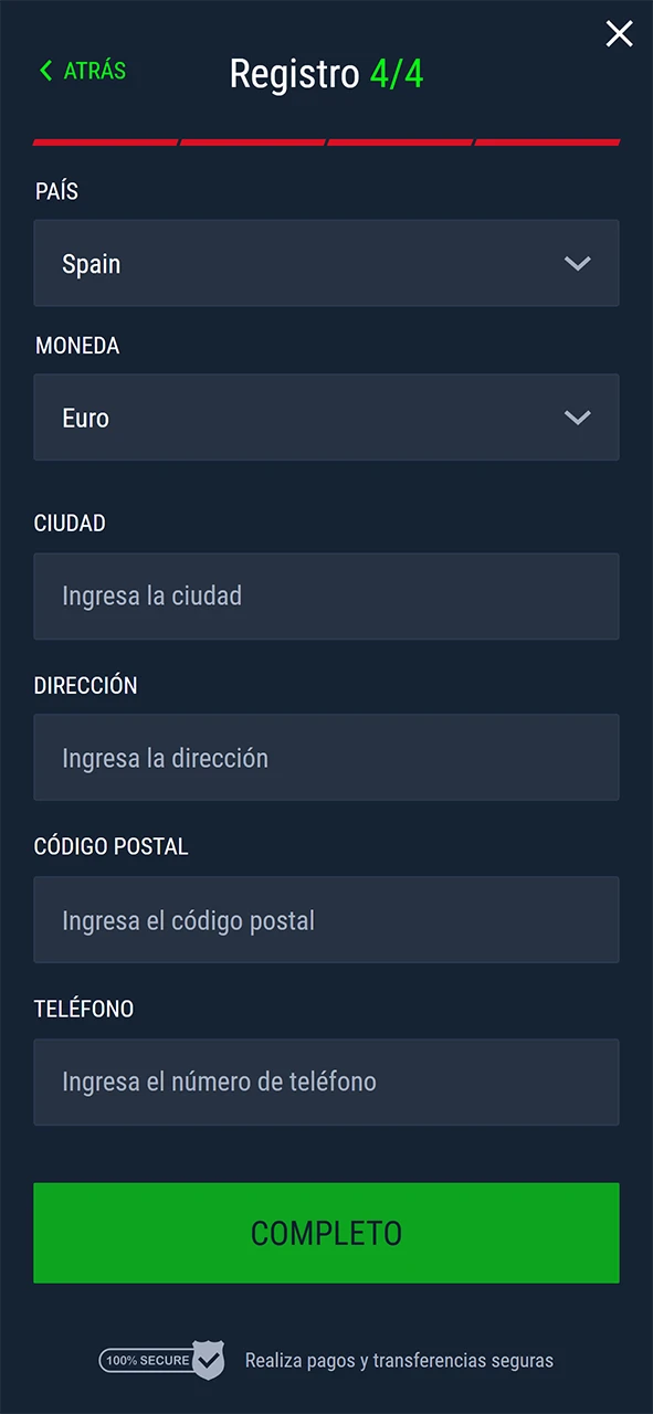 Rellene el resto de la información y complete su registro en Casinado.