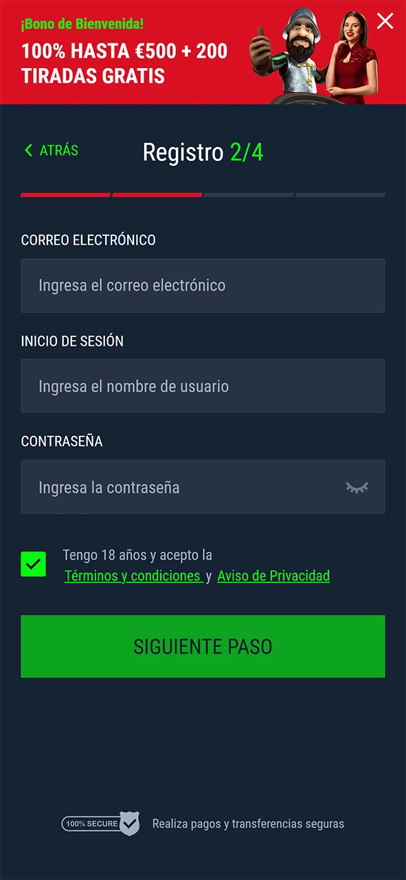 Cree un nombre de usuario y una contraseña para su nueva cuenta de Casinado.
