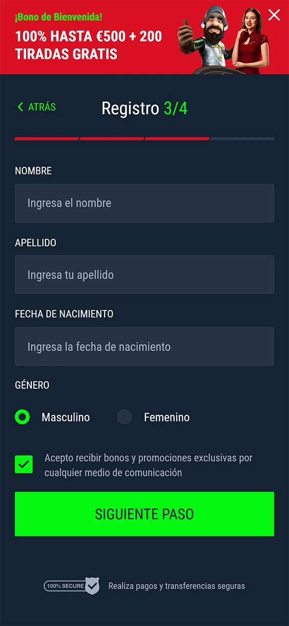 Introduzca sus datos personales para registrarse en Casinado.