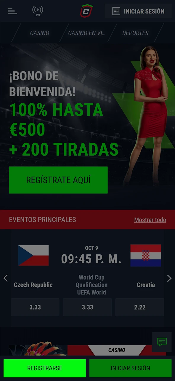 Haga clic en el botón de registro para comenzar a crear una cuenta en Casinado.