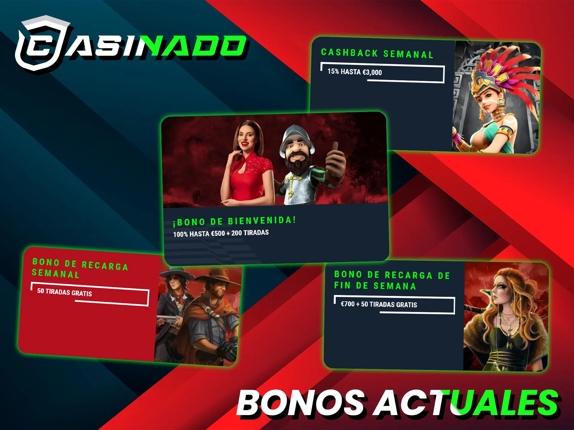 Casinado ofrece a sus usuarios un bono de bienvenida, reembolsos y bonos por recargar la cuenta.