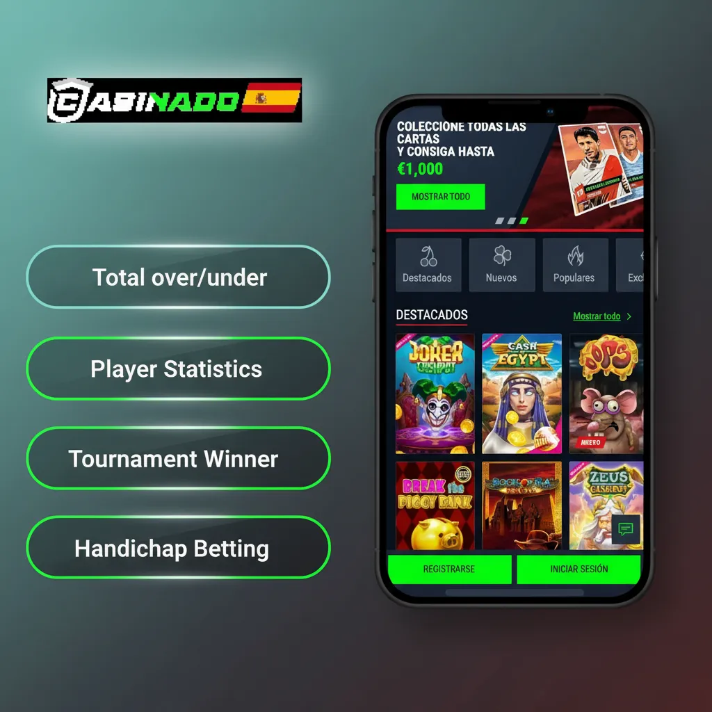 Pantalla de la app Casinado mostrando tipos de apuestas: simple, combinada, sistema, hándicap asiático y más/menos.